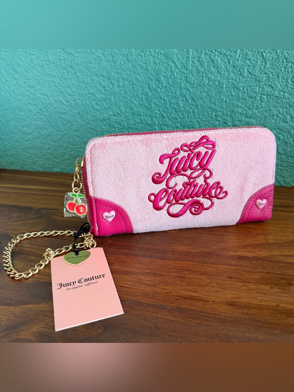 Juicy Couture Pink Terry Zip Wallet with Cherry Charm